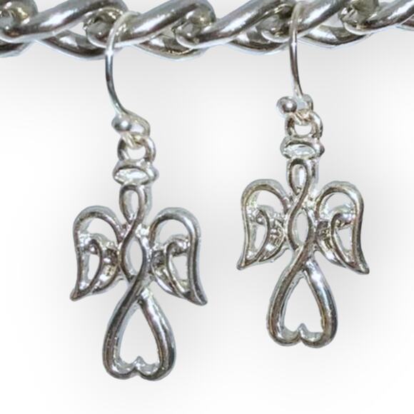 Christmas Guardian Angel bright silver-tone fish hook earrings - Picture 1 of 9